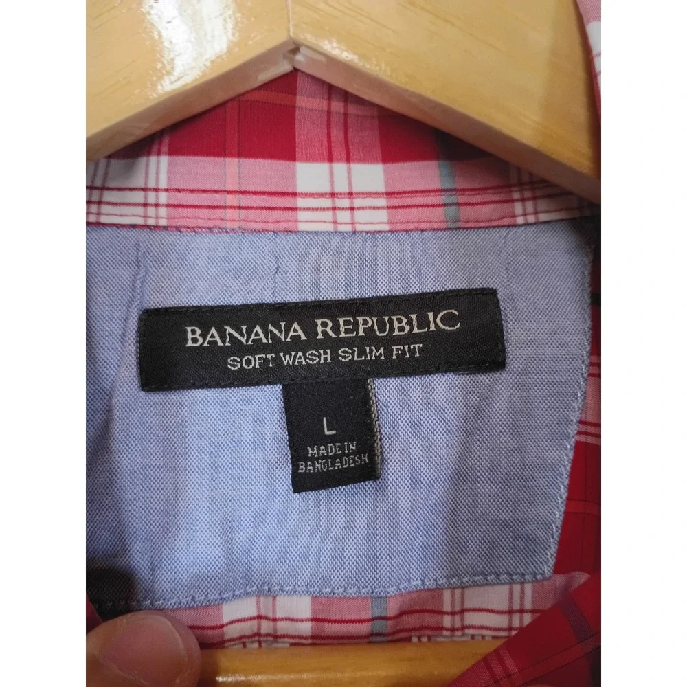 Classic Banana Republic Mens Large Red White Plaid Soft Wash Slim Fit Shirt